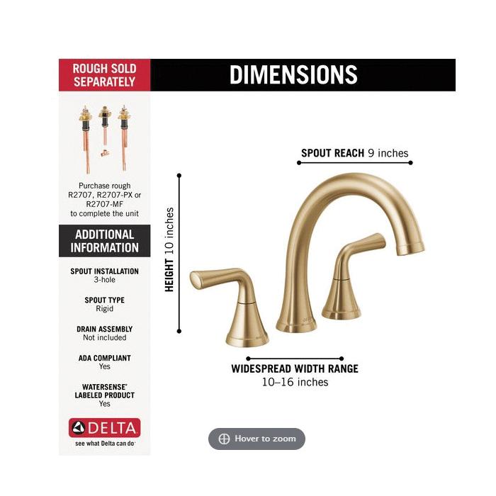DELTA® Kayra® T2733-CZ Roman Tub Trim, 3 -Faucet Hole, Brass, Champagne Bronze, 2-Handle -Handle, 1.75 gpm