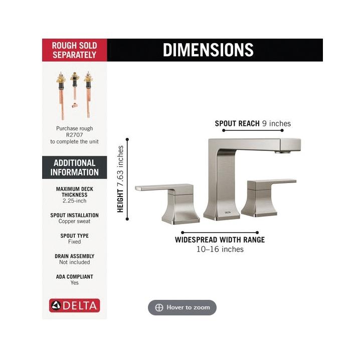 DELTA® Velum™ T2737-SS Roman Tub Trim, 3 -Faucet Hole, Brass, Stainless, 2-Handle -Handle, 18 gpm thumbnail 3