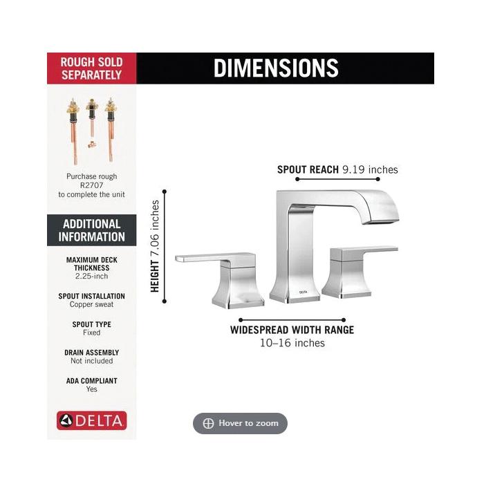 DELTA® Velum™ T2739 Roman Tub Trim, 3 -Faucet Hole, Brass, Chrome, 2-Handle -Handle, 18 gpm