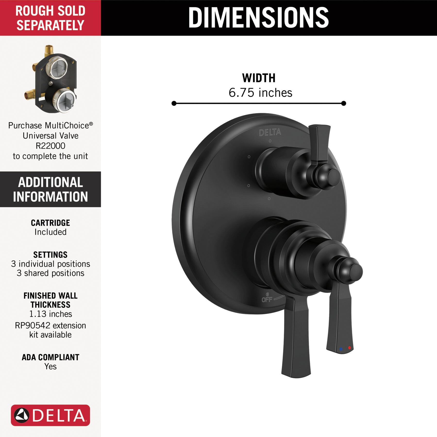 DELTA® 17 Series Dorval® T27956-BL Valve Trim With 6-Setting Diverter, Lever Handle, 3-Handle -Handle, Zinc