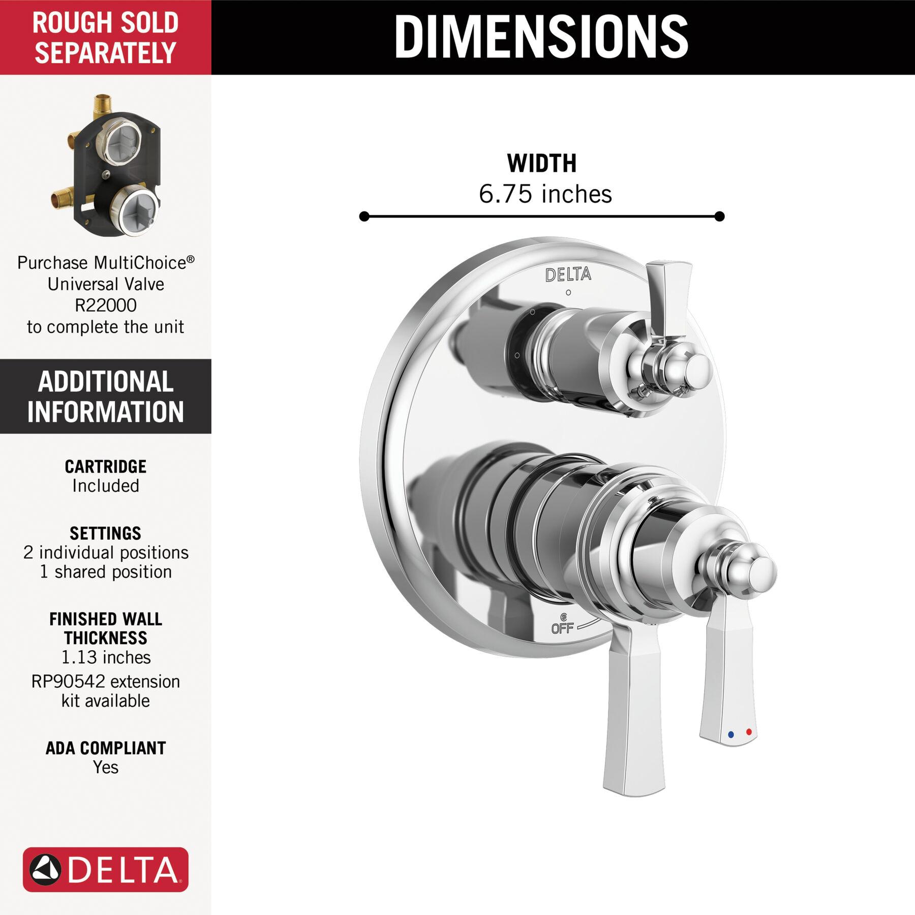 DELTA® 17T Series Dorval® T27T856 Valve Trim With 3-Setting Diverter, Lever Handle, 3-Handle -Handle, Zinc, Chrome