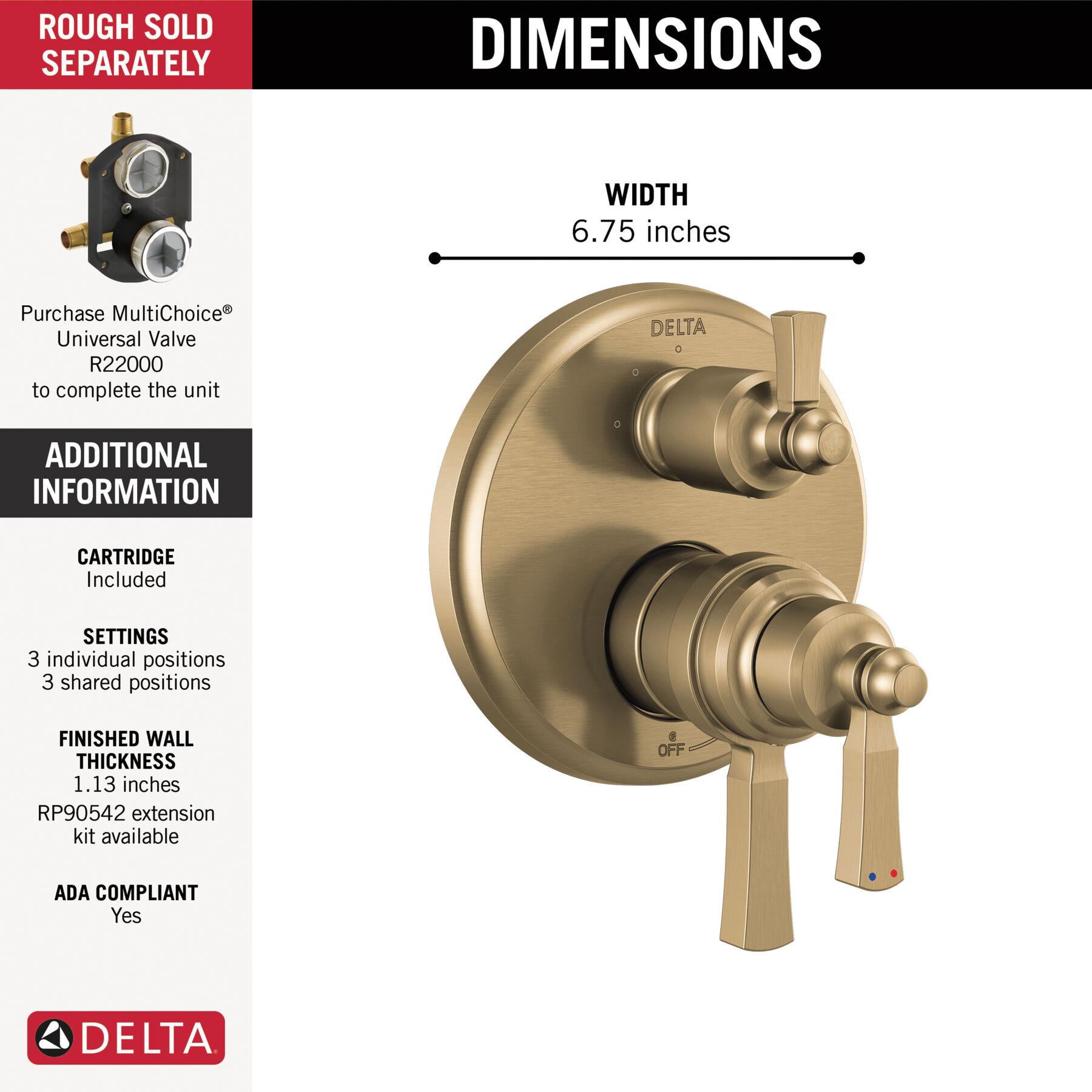 DELTA® 17T Series Dorval® T27T956-CZ Valve Trim With 6-Setting Diverter, Lever Handle, 3-Handle -Handle, Zinc