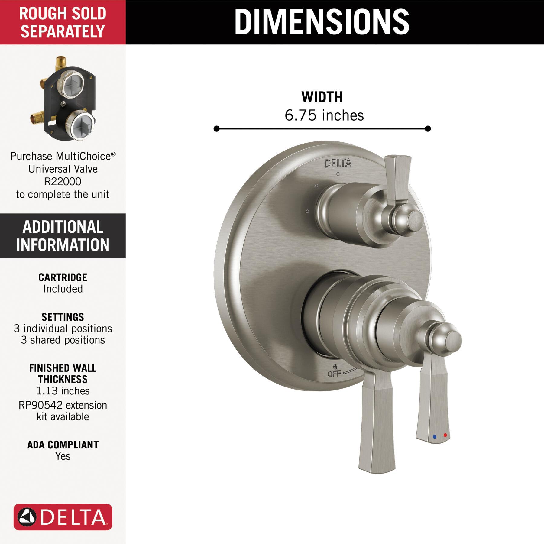 DELTA® 17T Series Dorval® T27T956-SS Valve Trim With 6-Setting Diverter, Lever Handle, 3-Handle -Handle, Zinc
