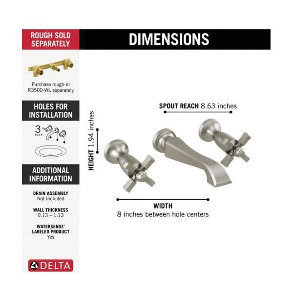 DELTA® Dorval® T3557LF-SSWL Bathroom Faucet Trim, 2-Handle, Wall, Single-Hole, Stainless