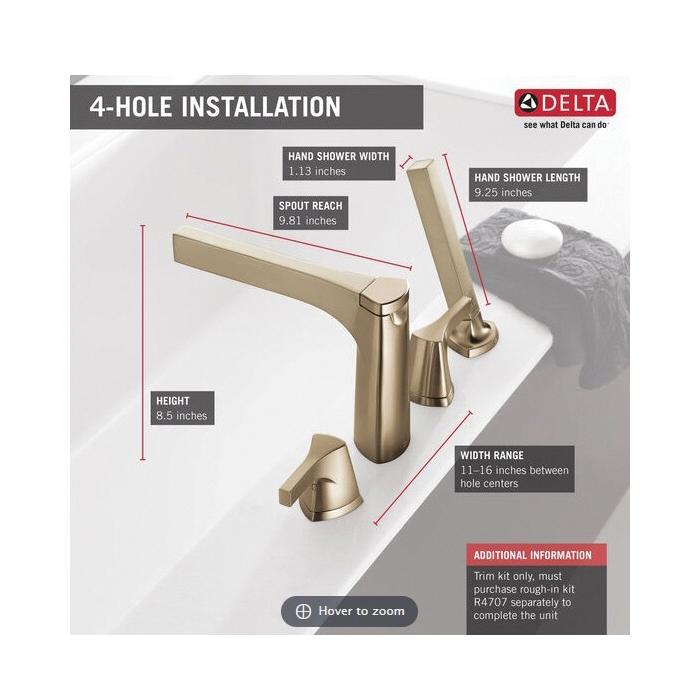 DELTA® Zura® T4774-CZ Roman Tub, 4 -Faucet Hole, Metal, Champagne Bronze, 2-Handle -Handle, 1.75 gpm thumbnail 2