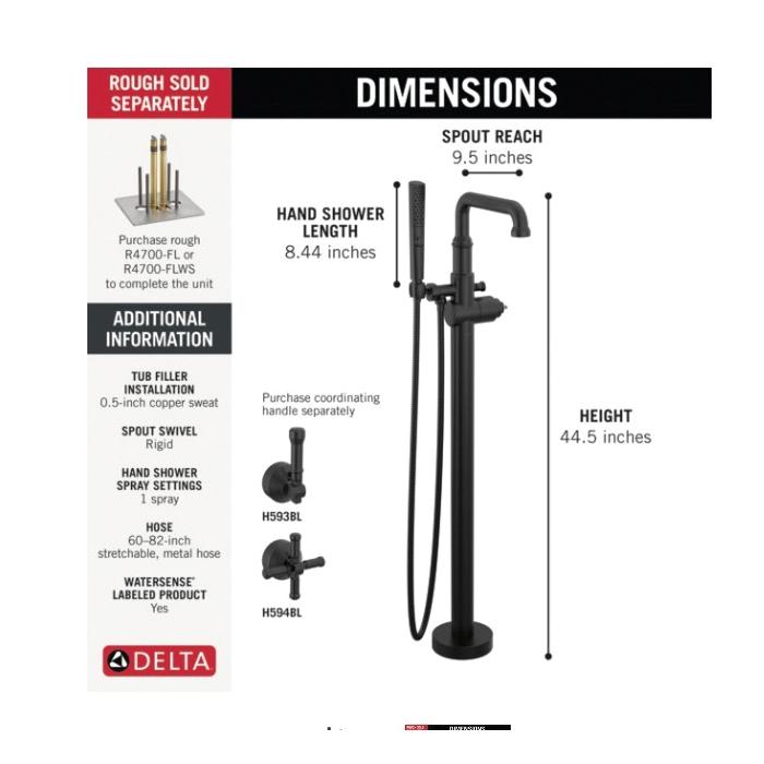 DELTA® Broderick® T4784-BLLHP-FL Tub Filler Trim, Brass, Matte Black, 1.75 gpm