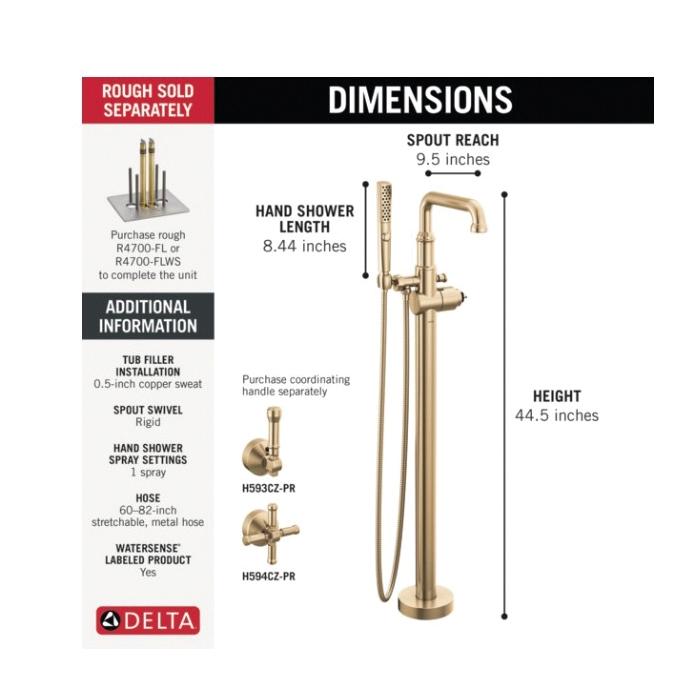 DELTA® Broderick® T4784-CZ-PR-LHP-FL Tub Filler Trim, Brass, Lumicoat Champagne Bronze, 1.75 gpm