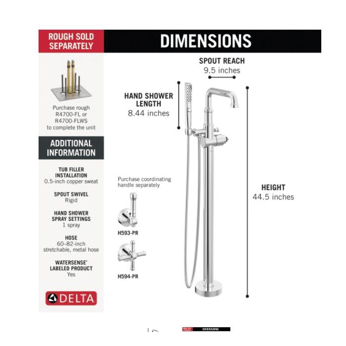 DELTA® Broderick® T4784-PR-LHP-FL Tub Filler Trim, Brass, Lumicoat Chrome, 1.75 gpm