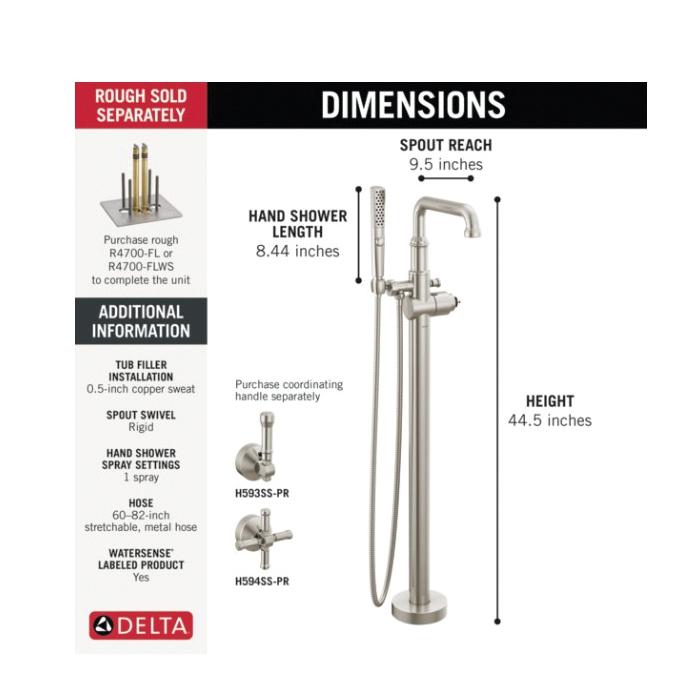 DELTA® Broderick® T4784-SS-PR-LHP-FL Tub Filler Trim, Brass, Lumicoat Stainless, 1.75 gpm