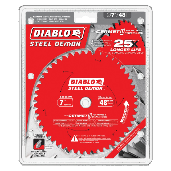 DIABLO® Demon™ D0748CFM Saw Blade, 7 in Dia, Cermet II Teeth, 48-Teeth, 0 deg Hook, 20 mm Arbor, 4000 rpm Max Speed thumbnail 2