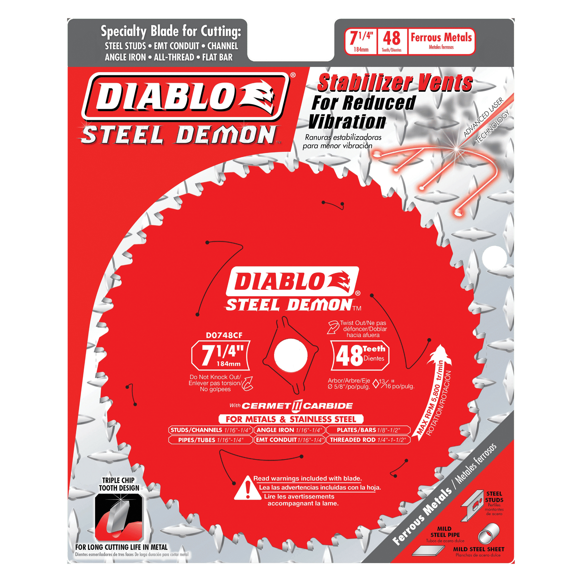 DIABLO® D0748CFX Circular Saw Blade, 7-1/4 in Dia, 0.075 in W Cut, ATB Teeth, 48-Teeth, 2 deg Hook, 5/8 in Arbor