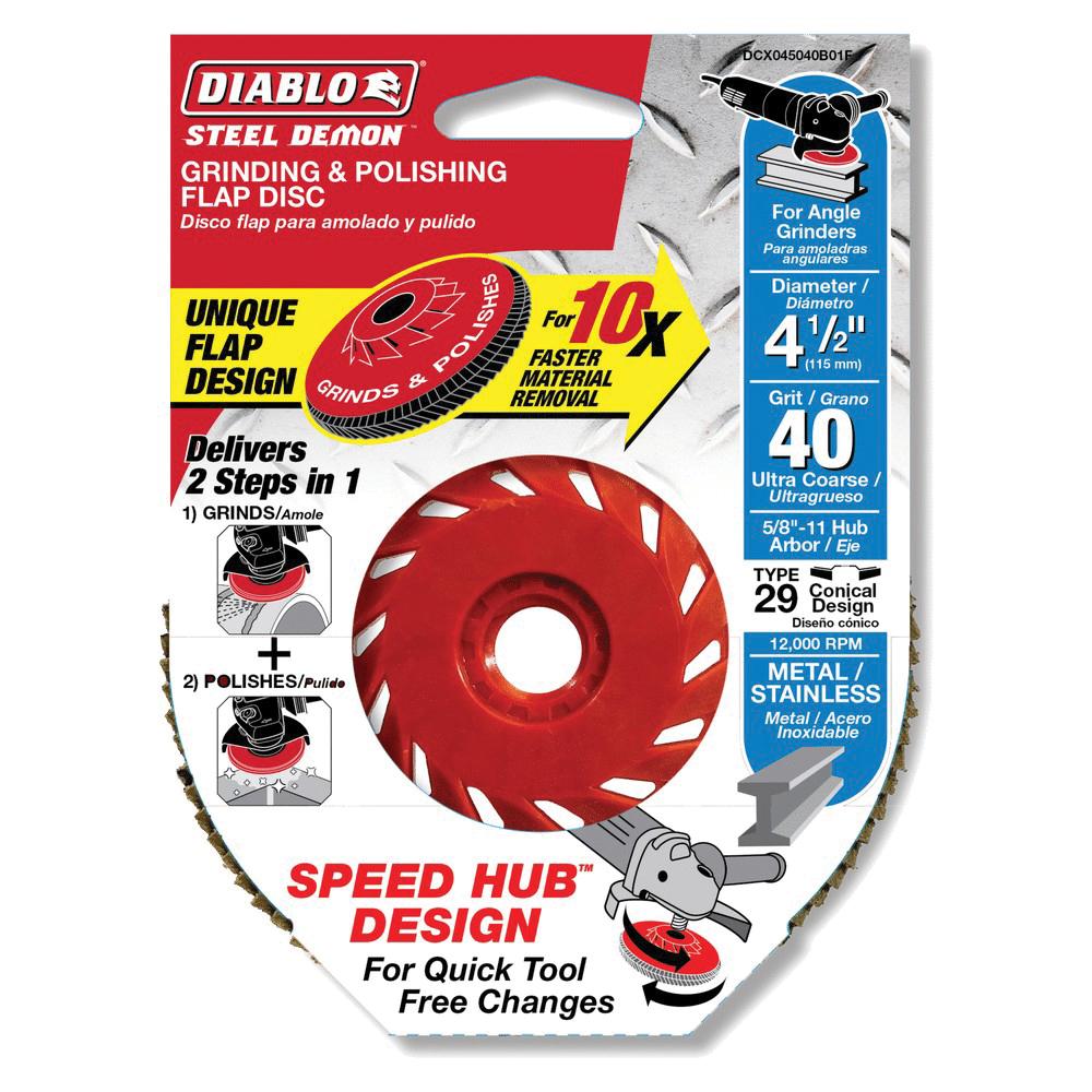 DIABLO® Steel Demon™ DCX045040B01F Flap Disc, 4-1/2 in Dia, 5/8-11 Center Hole, 40 Grit, Ultra Coarse Grit