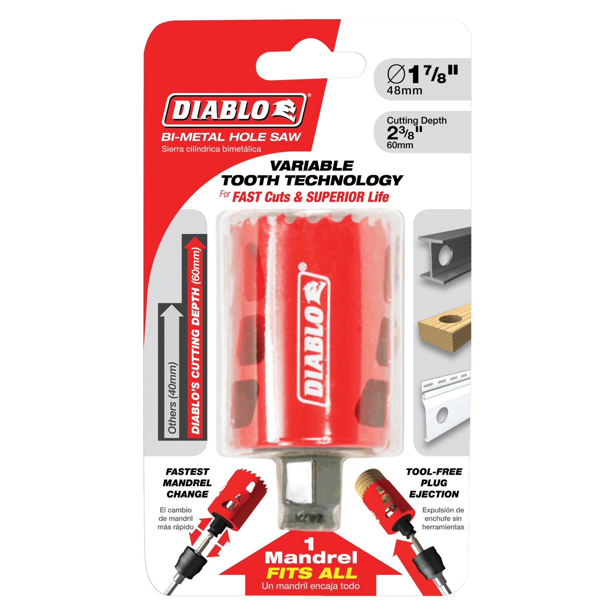 DIABLO® DHS1875 Hole Saw, 1-7/8 in Dia Saw, 3/8 in Arbor Hole, 2-3/8 in D Cutting, Bi-Metal Body