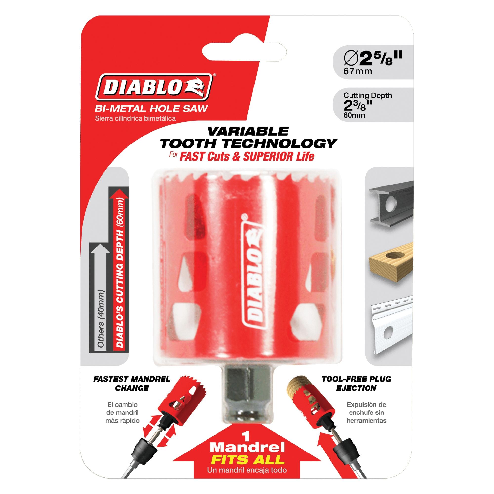 DIABLO® DHS2625 Hole Saw, 2-5/8 in Dia Saw, 3/8 in Arbor Hole, 2-3/8 in D Cutting, Bi-Metal Body