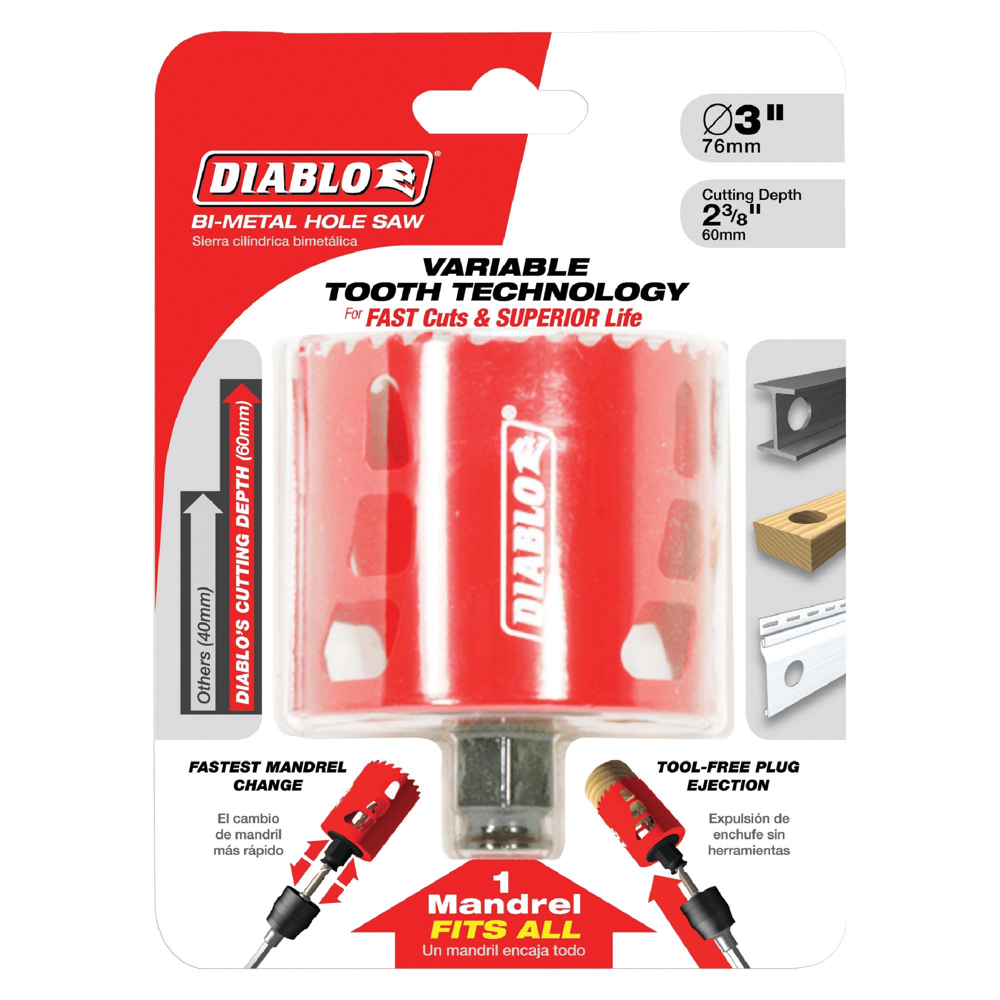 DIABLO® DHS2750 Hole Saw, 2-3/4 in Dia Saw, 3/8 in Arbor Hole, 2-3/8 in D Cutting, Bi-Metal Body