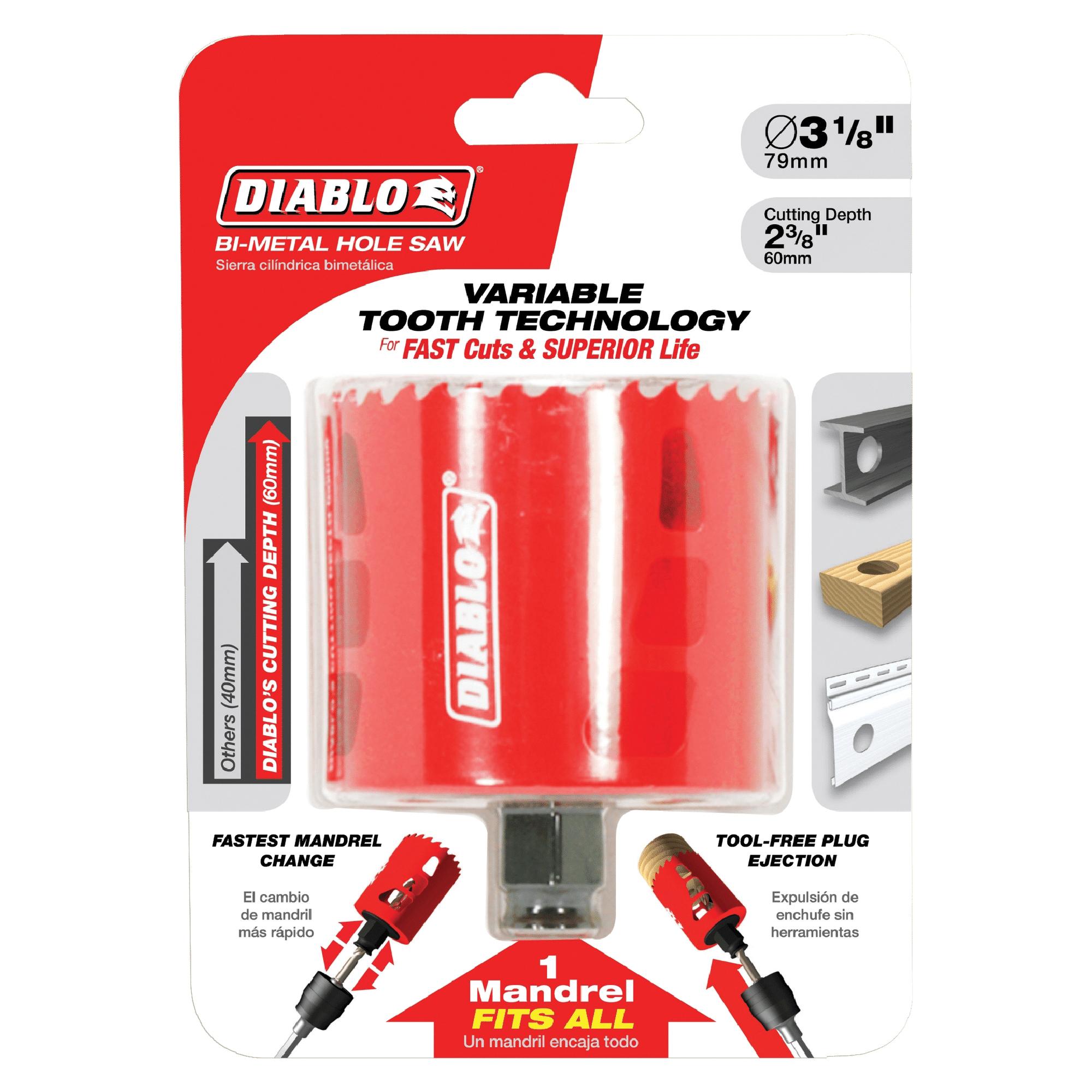 DIABLO&reg; DHS3000 High Performance Hole Saw, 3 in Dia Saw, 3/8 in Arbor Hole, 2-3/8 in D Cutting, HSS Tooth, Bi-Metal Body
