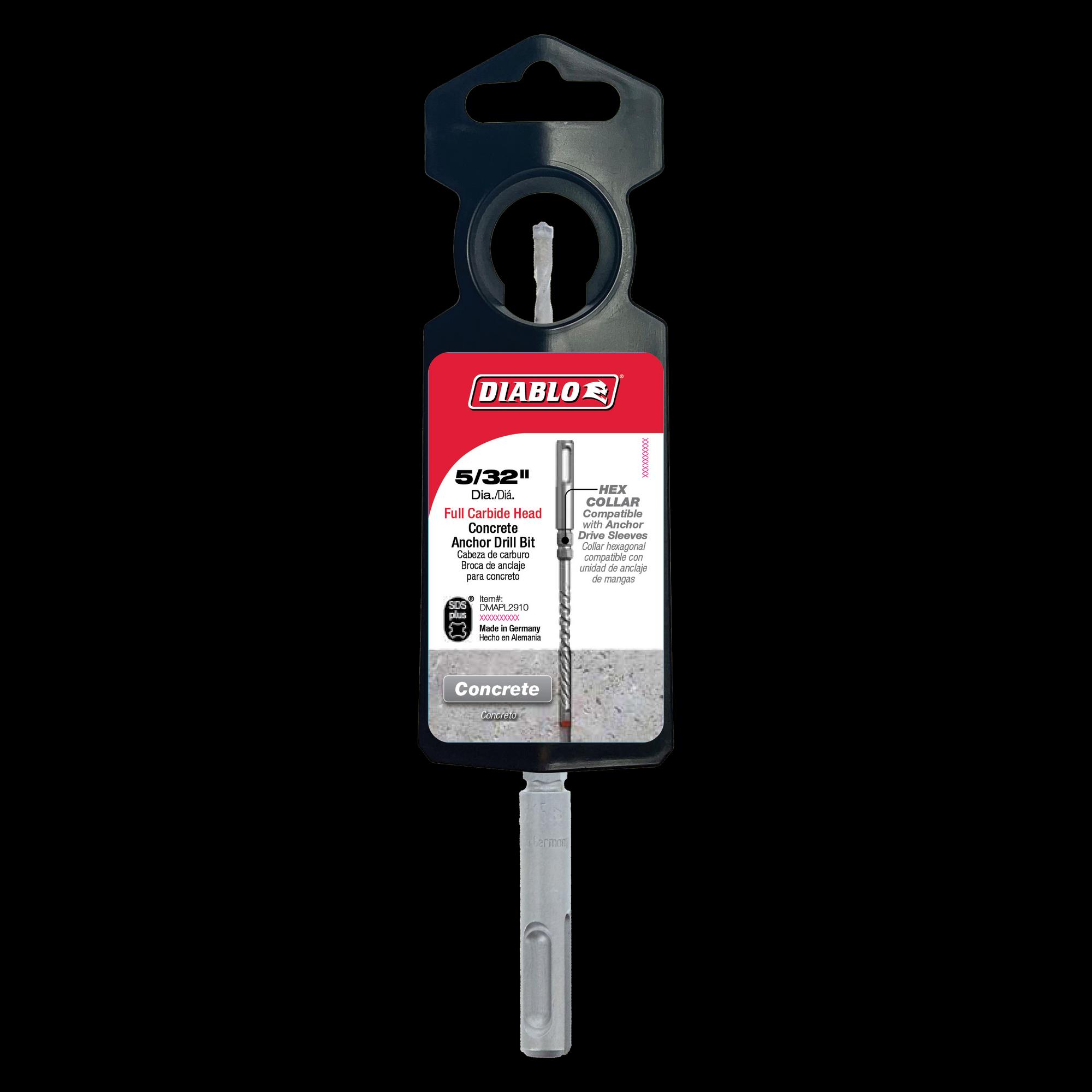 DIABLO® DMAPL2910 Anchor Hammer Drill Bit, 5/32 in Drill, 2 -Cutter Head, SDS-Plus® Shank, 6 in OAL, Carbide