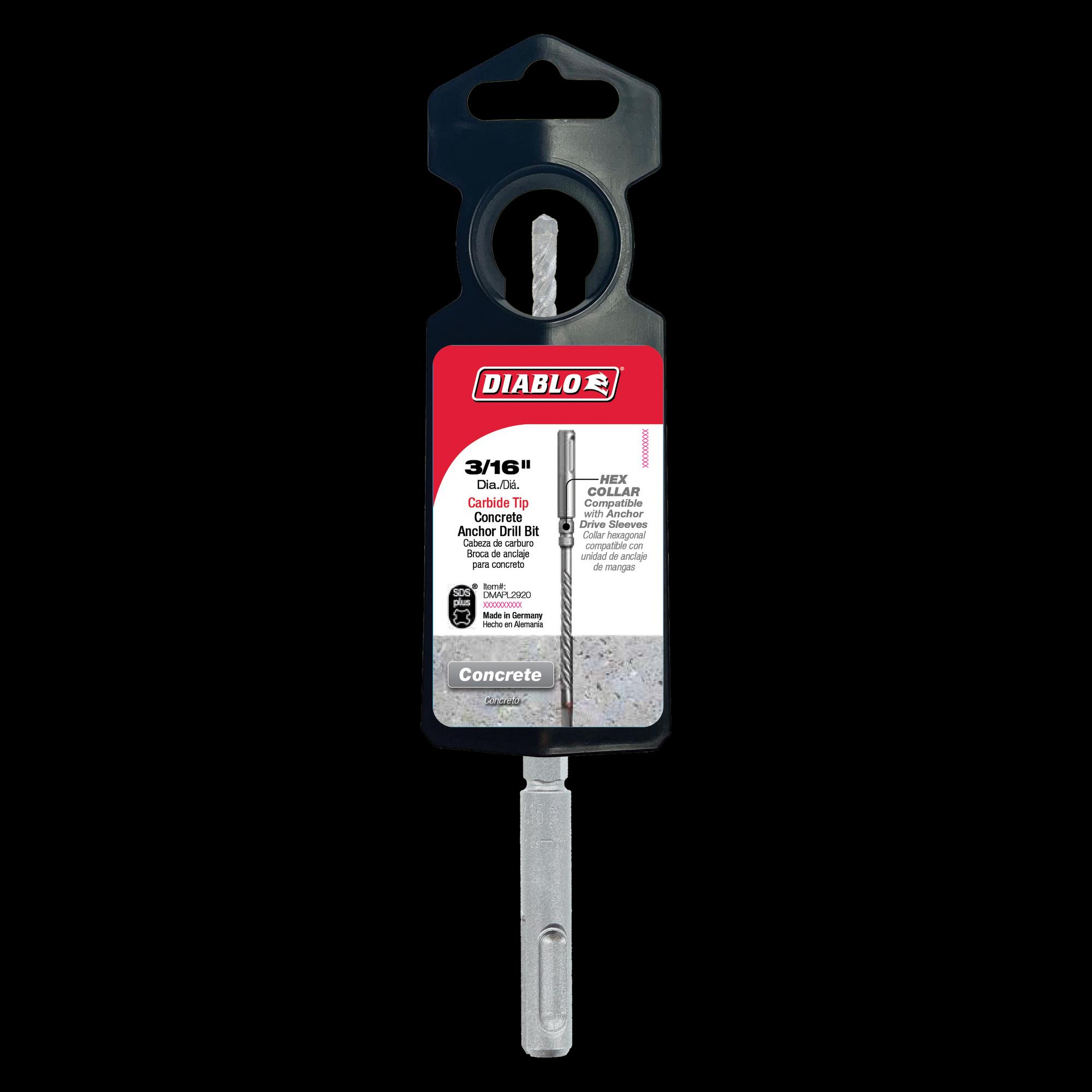 DIABLO® DMAPL2920 Anchor Hammer Drill Bit, 3/16 in Drill, 2 -Cutter Head, SDS-Plus® Shank, 6 in OAL, Carbide