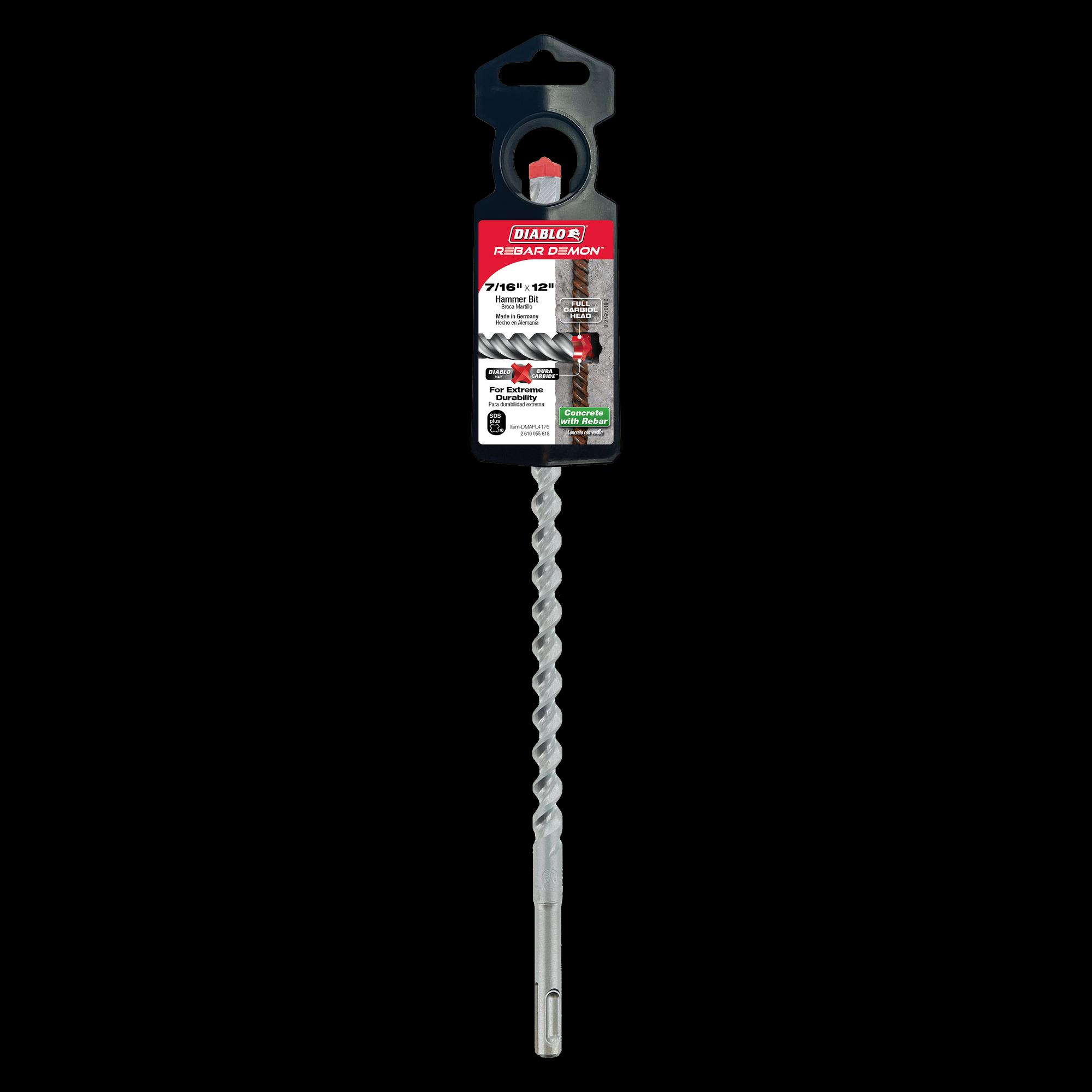 DIABLO® DMAPL4176 Hammer Drill Bit, 7/16 in Drill, 4 -Cutter Head, SDS-Plus® Shank, 12 in OAL, Carbide