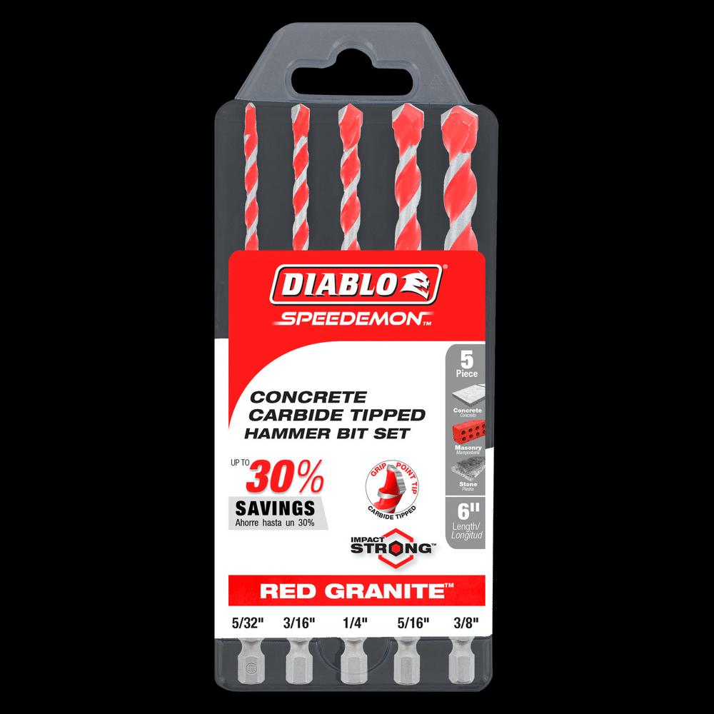DIABLO® DMARG1220-S5 Red Granite Hammer Drill Bit Set, 5/32 in Min Drill Bit, 3/8 in Max Drill Bit, 5 -Piece, HSS