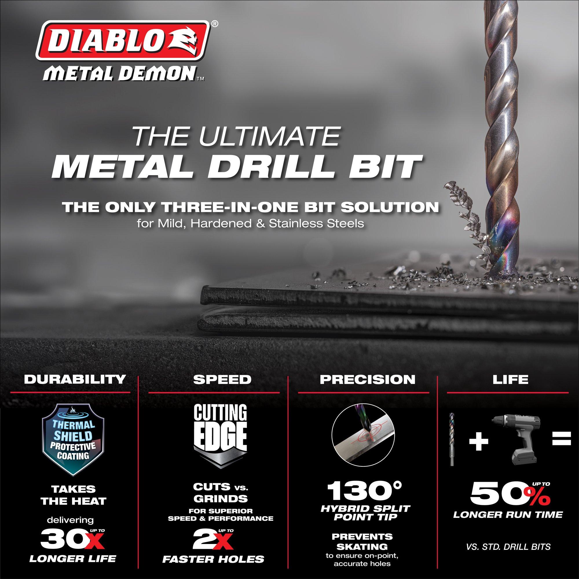 DIABLO® Metal Demon™ DMD-S15T Drill Bit Set, 1/16 in Min Drill Bit, 3/8 in Max Drill Bit, 130 deg Point, 15-Piece