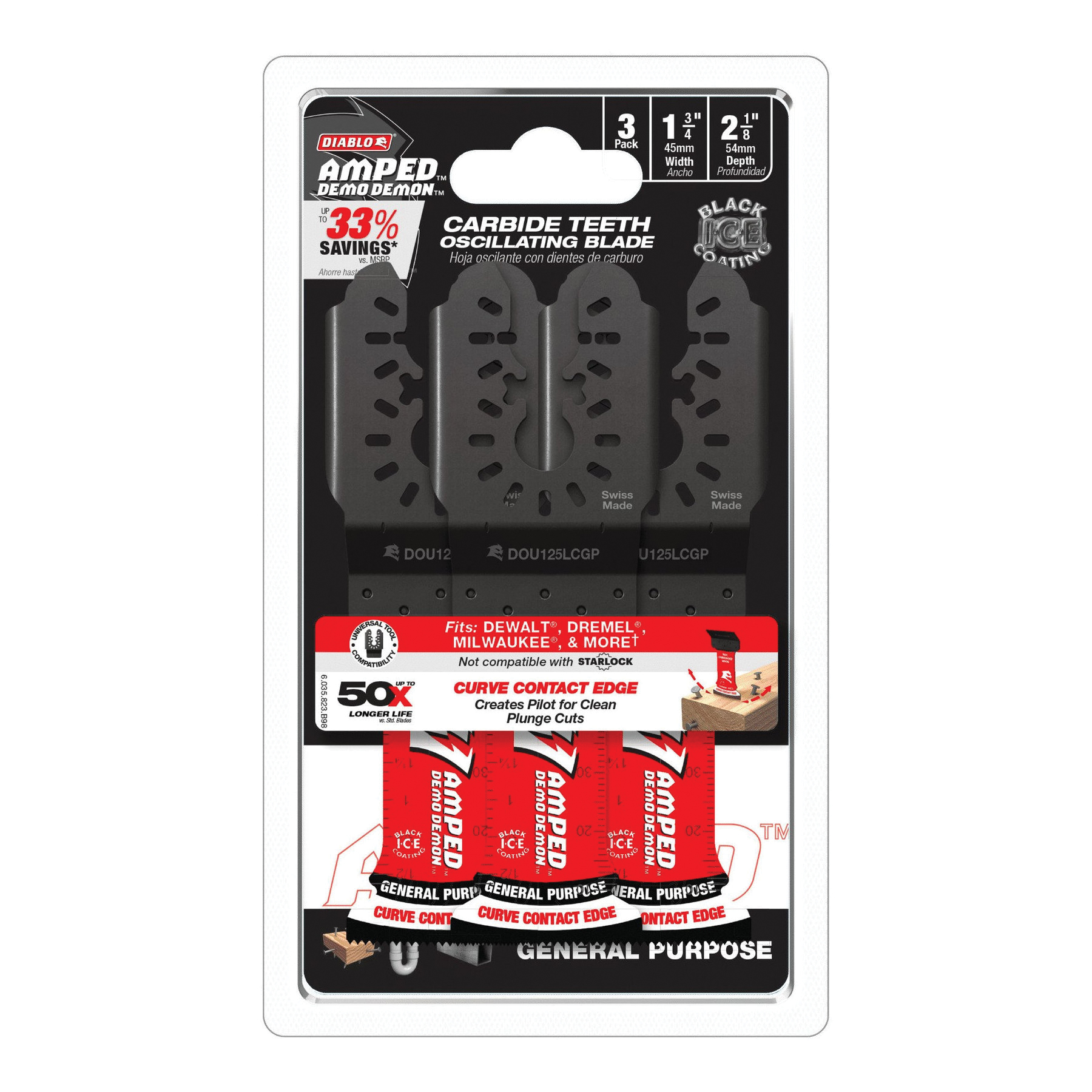 DIABLO&reg; AMPED&trade; Demo Demon&trade; DOU125LCGP3 Oscillating Blade, Carbide Blade, 3-Piece