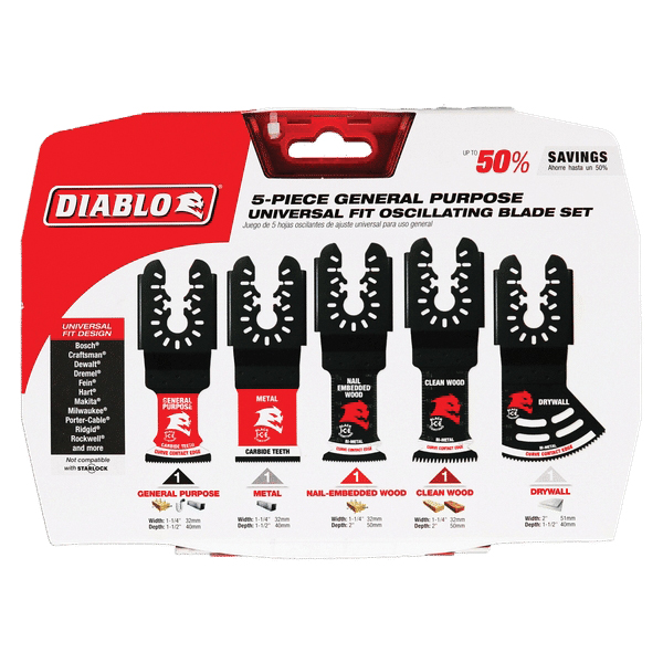DIABLO&reg; DOU5S Oscillating Blade Set, Universal Fit Blade, 7 in L Blade, 1-1/4 in, 2 in W Blade, Bi-Metal Blade, 5 -Piece