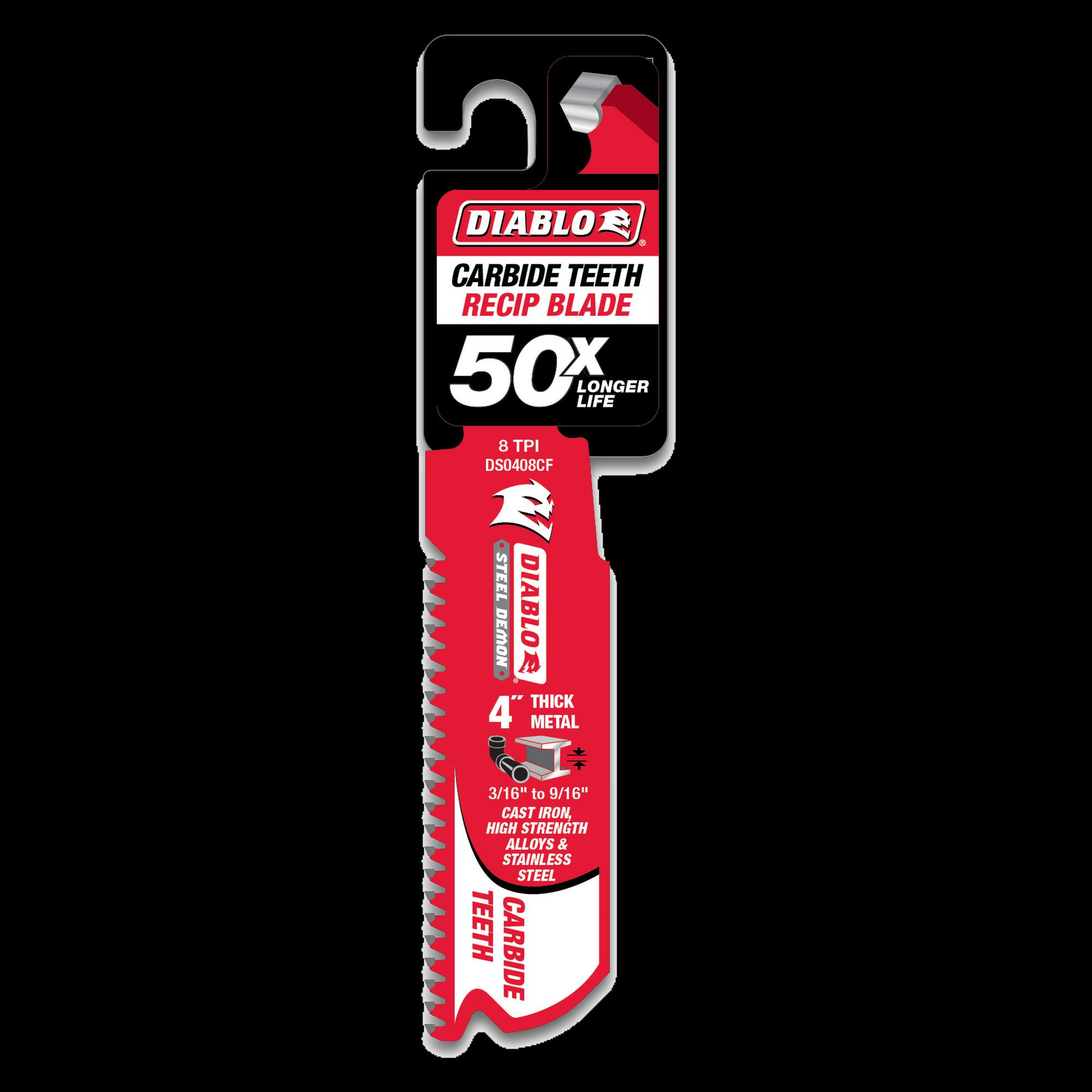 DIABLO® DS0408CF Reciprocating Saw Blade, 4 in L, 1 in W, 8 TPI TPI, Carbide Cutting Edge, Steel Blade thumbnail 2