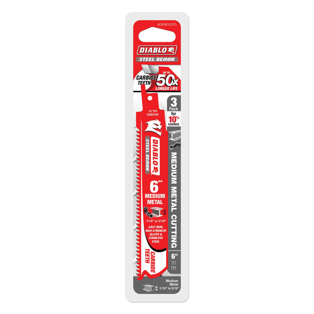 DIABLO® DS0610CF3 Reciprocating Saw Blade, 6 in L, 2 in W, Straight Cut, 10 TPI, Universal Shank, Carbide Cutting Edge