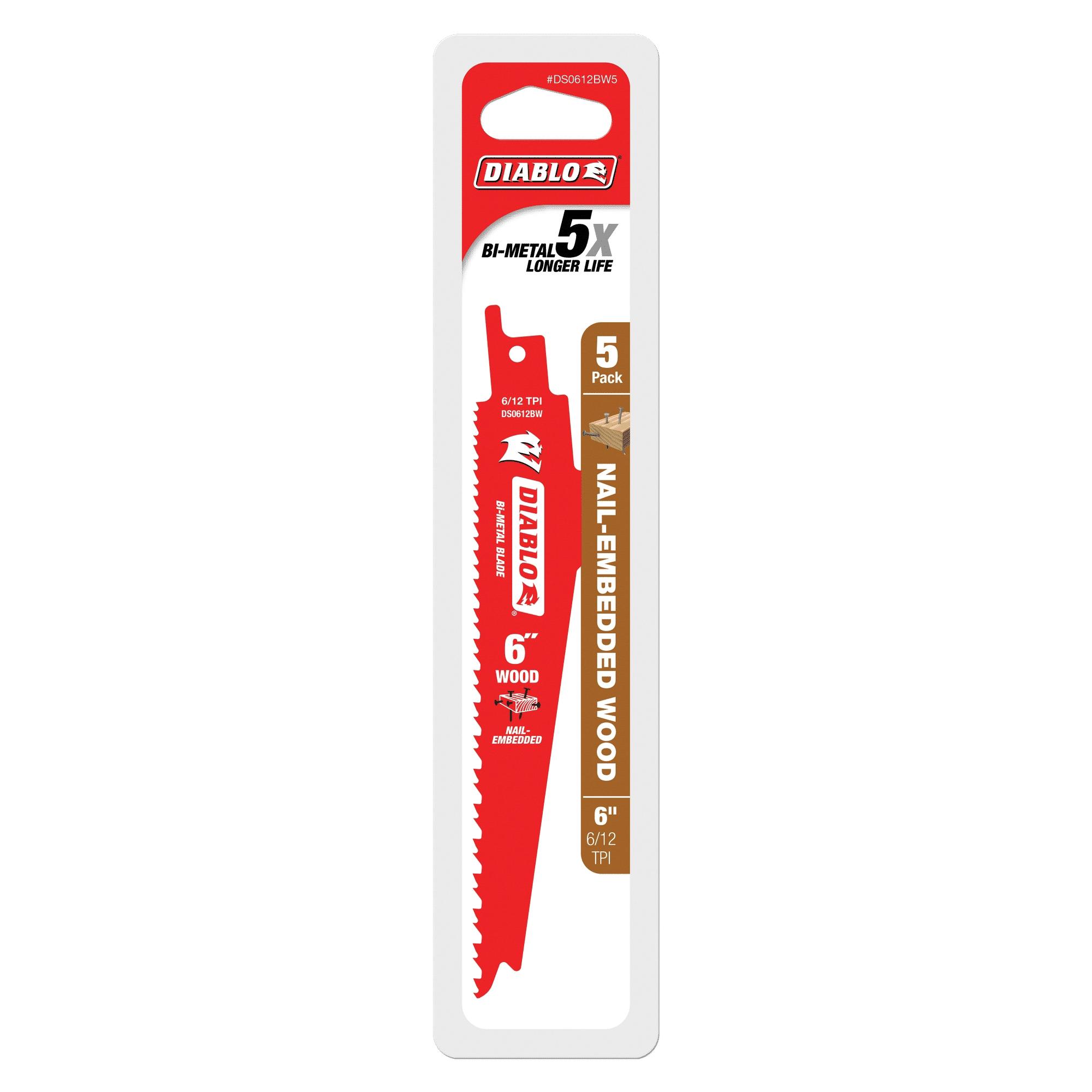 DIABLO® DS0612BW5 Reciprocating Saw Blade, 6 in L, 1 in W, Straight, Tapered Cut, 6 to 12 TPI, Universal Shank