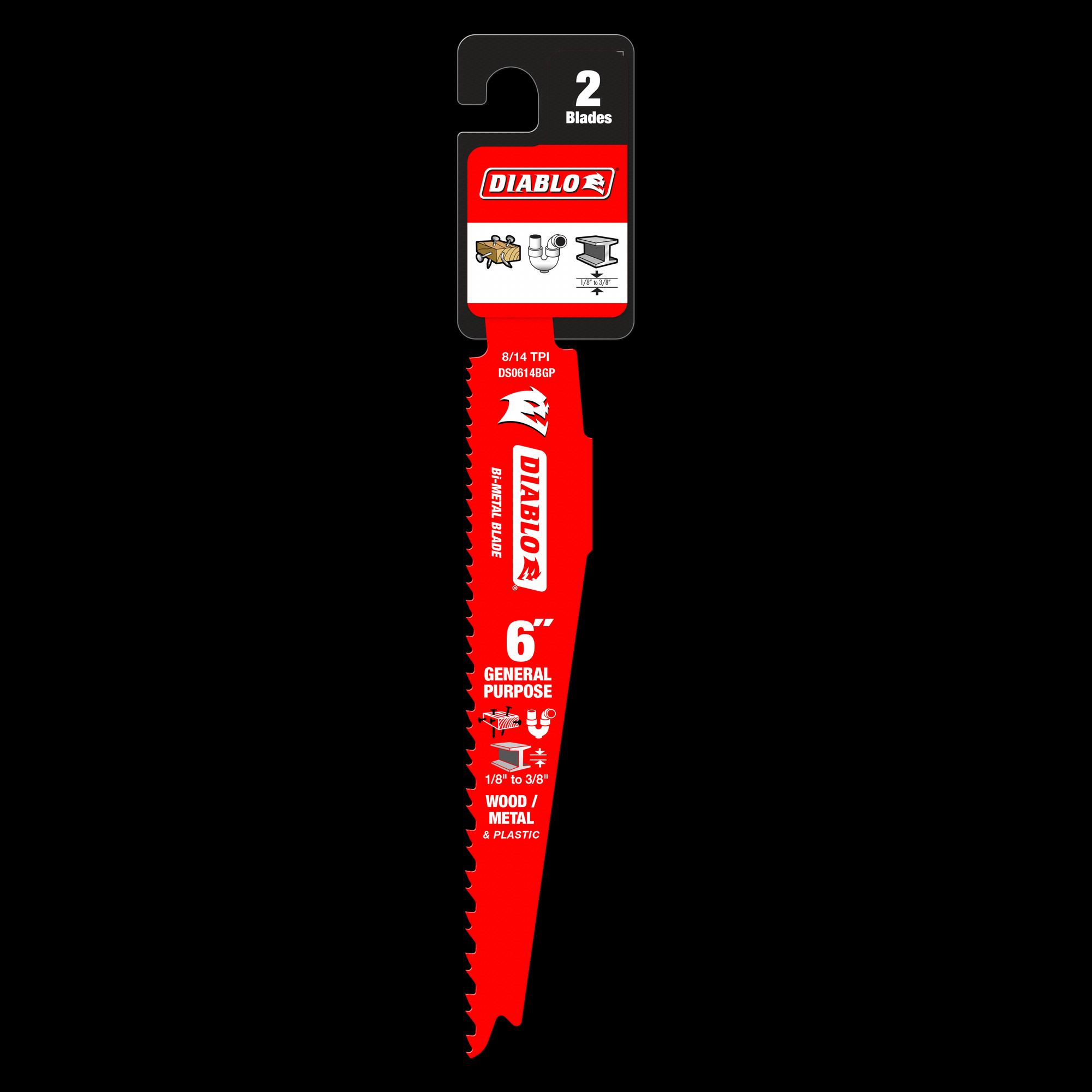 DIABLO® DS0614BGP2 Reciprocating Saw Blade, 6 in L, 1 in W, Variable Pitch Teeth, 8/14 TPI, Bi-Metal Blade