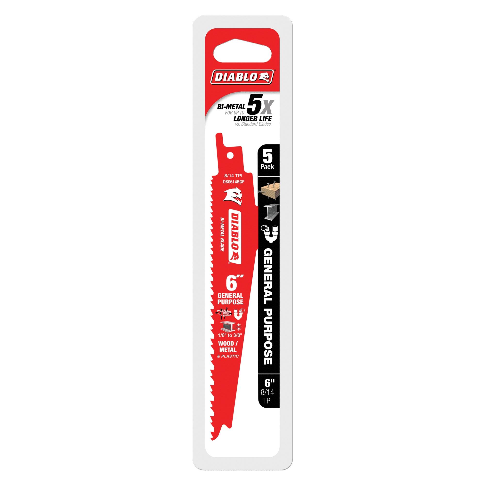 DIABLO® DS0614BGP5 Reciprocating Saw Blade, 6 in L, 1 in W, Curved, Straight Cut, 8 to 14 TPI, Bi-Metal Cutting Edge