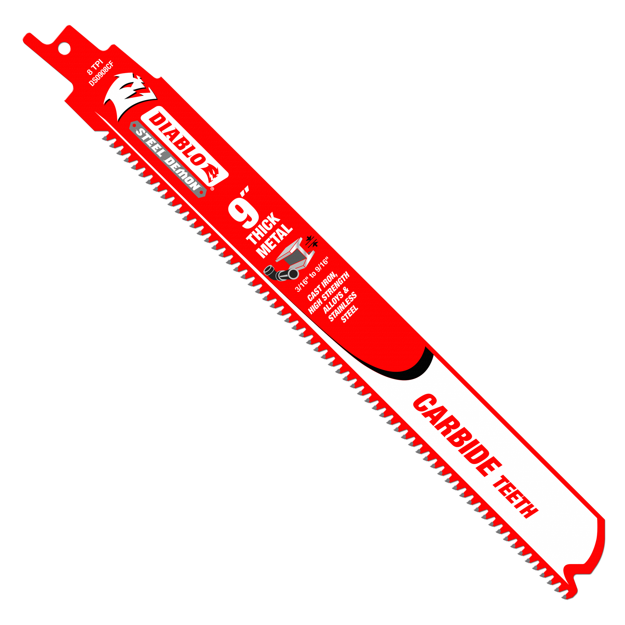 DIABLO® Steel Demon™ DS0908CF Reciprocating Saw Blade, 9 in L, 1 in W, 8 TPI, Carbide Cutting Edge, Steel Blade