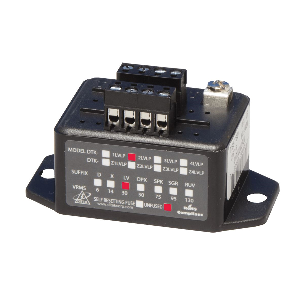 DITEK® DTK-2LVLPLV Low-Voltage Surge Protector, 24 V, 5 A, 2000 A Short Circuit