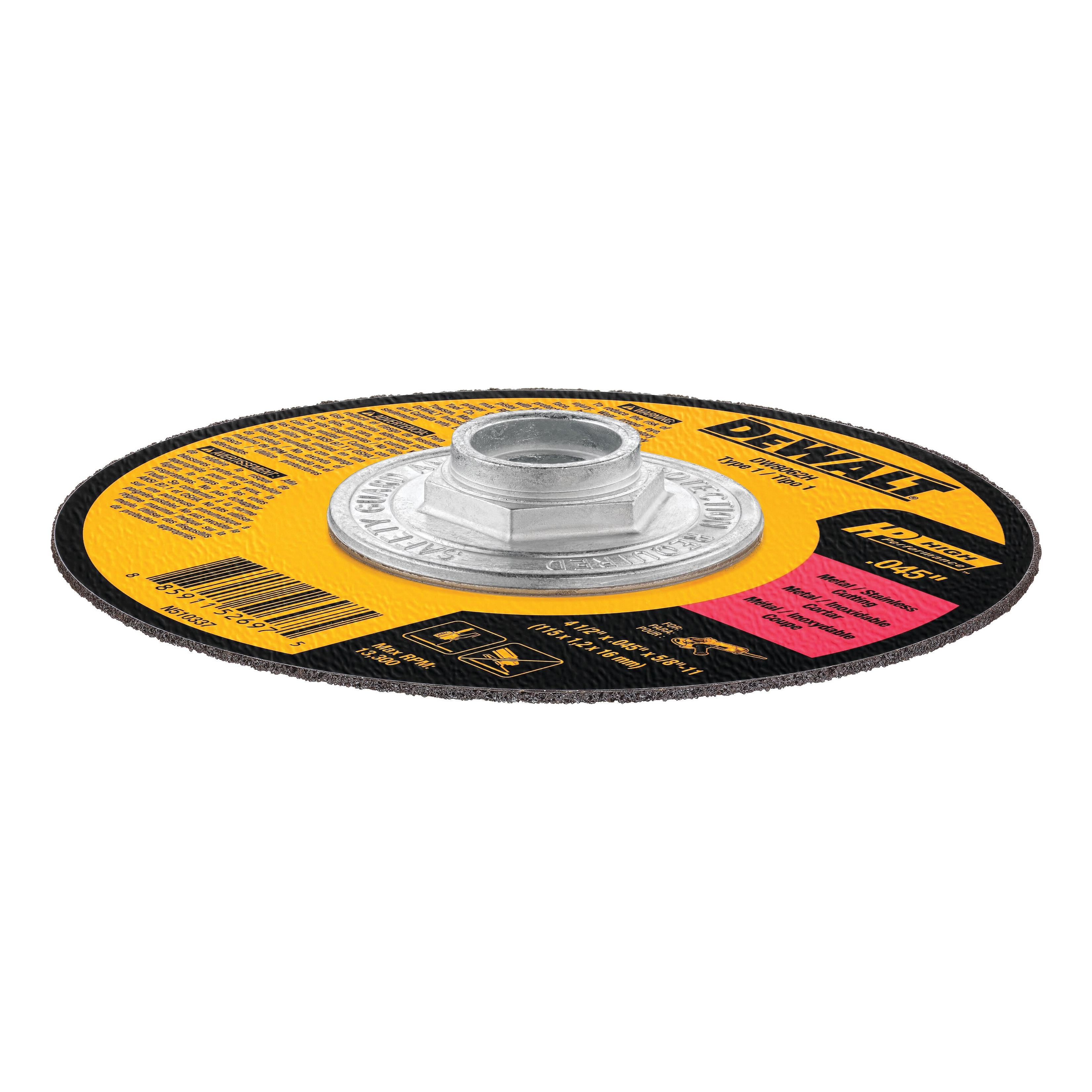 DeWALT® HIGH PERFORMANCE™ DW8062 Cutting Wheel, Type 1 Wheel, 4-1/2 in Dia, 0.045 in Thick, 7/8 in Arbor thumbnail 2