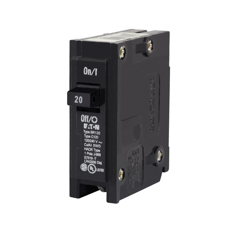 EATON BR120 Molded Case Circuit Breaker, 120/240 VAC, 20 A, 10 kA Interrupt, 1 -Pole, Thermal Magnetic Trip