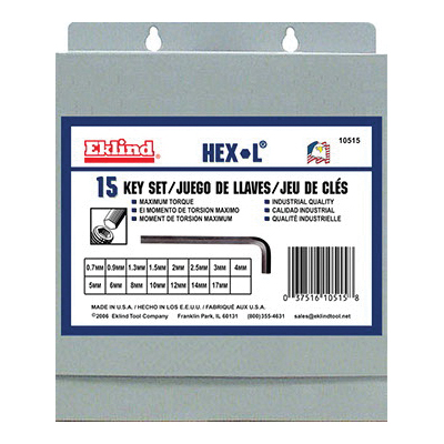 Eklind® Hex-L® 10515 Short Hex-Key Set, System of Measurement: Metric, L Key, Alloy Steel, Black Oxide, 15 -Piece