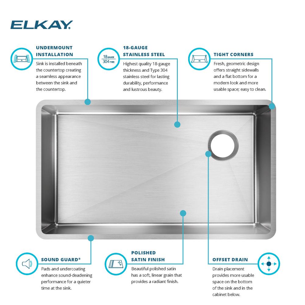 Elkay® Crosstown® ECTRU30179RT Kitchen Sink, Rectangular, 304 Stainless Steel, Polished Satin, Import