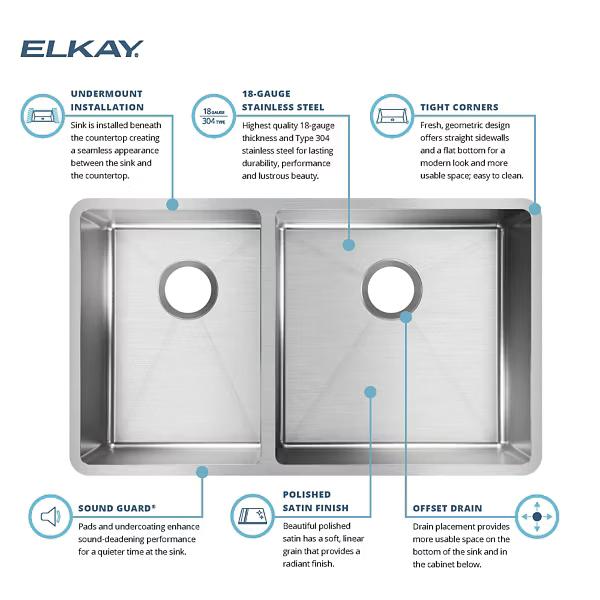Elkay® Crosstown® ECTRU32179LT Kitchen Sink, Stainless Steel, Polished Satin, Import thumbnail 4