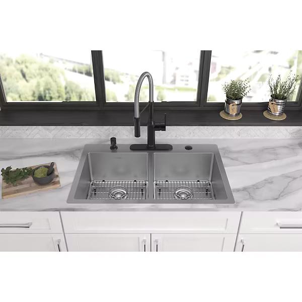 Elkay® Crosstown® ECTSR33229TBG5 Dual-Mount Kitchen Sink Kit, 5 -Hole, Stainless Steel, Polished Satin, Import