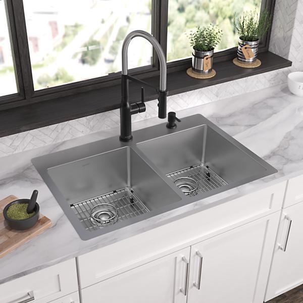 Elkay® Crosstown® ECTSR33229TBGFR2 Kitchen Sink Kit, 2-Hole, 304 Stainless Steel, Polished Satin, Import