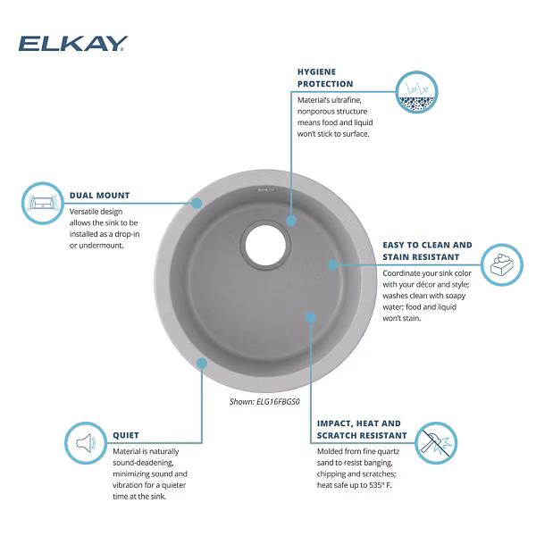Elkay® Classic® ELG16FBGS0 Bar Sink, Quartz, Greystone, Import thumbnail 2