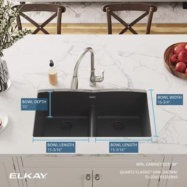 Elkay® Classic® ELGDULB3322BK0 Kitchen Sink With Aqua Divide, Quartz, Black, Import thumbnail 3