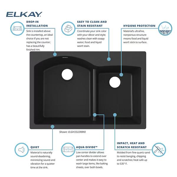 Elkay® Classic® ELGH3322RBK0 Kitchen Sink With Aqua Divide, Quartz, Black, Import
