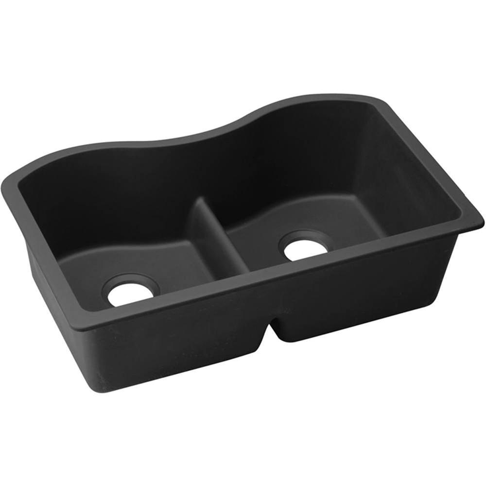 Elkay® Gourmet Double Bowl Granite Undermount Kitchen Sink, 33 inch x 20-1/8 inch, 9-1/2 inch Deep, Black
