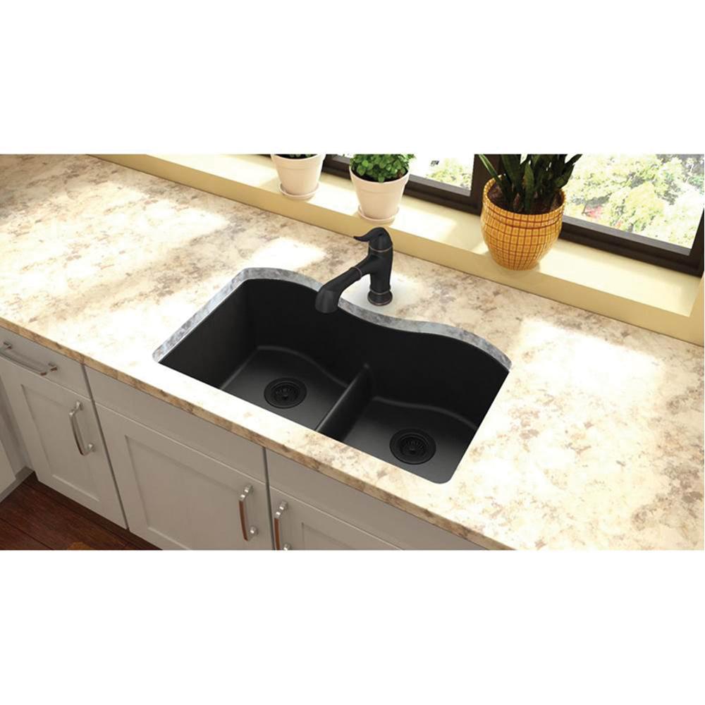 Elkay® Gourmet Double Bowl Granite Undermount Kitchen Sink, 33 inch x 20-1/8 inch, 9-1/2 inch Deep, Black