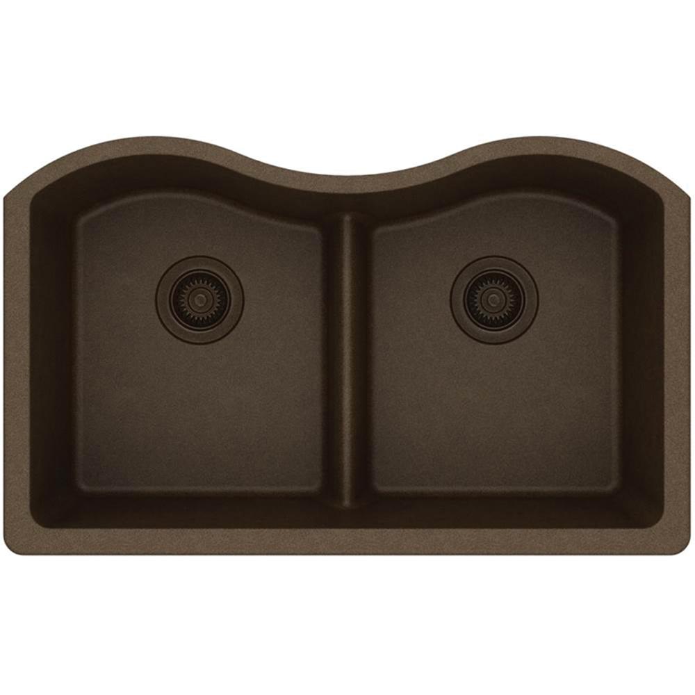Elkay® Gourmet Double Bowl Granite Undermount Kitchen Sink, 33 inch x 20-1/8 inch, 9-1/2 inch Deep, Mocha