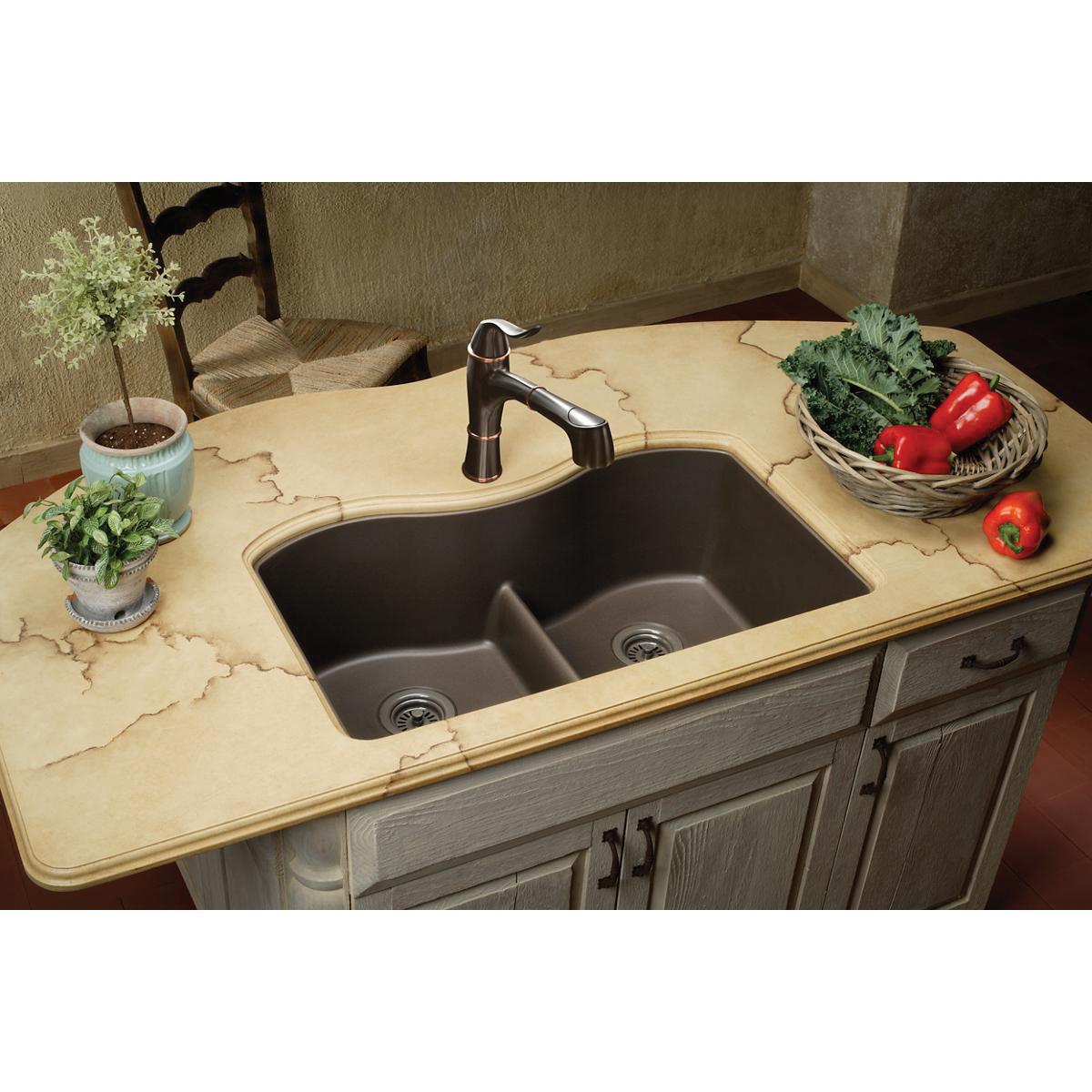 Elkay® Gourmet Double Bowl Granite Undermount Kitchen Sink, 33 inch x 20-1/8 inch, 9-1/2 inch Deep, Mocha