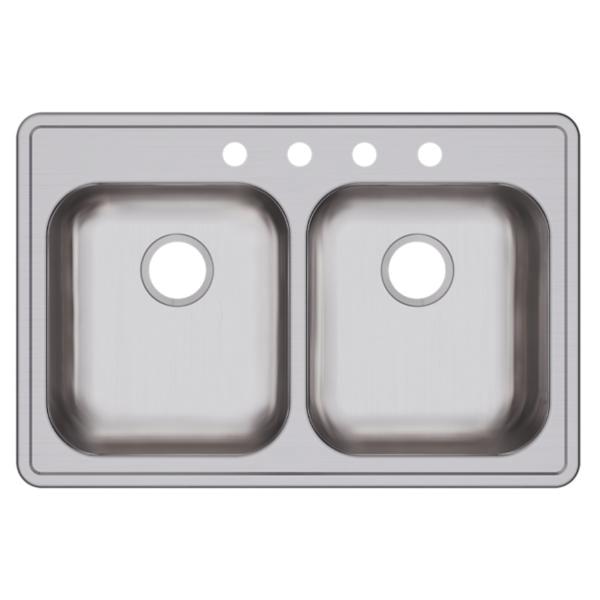 Elkay® Dayton® GE233224 Equal Double Bowl Sink, 4-Hole -Hole, 300 Stainless Steel, Satin, Domestic