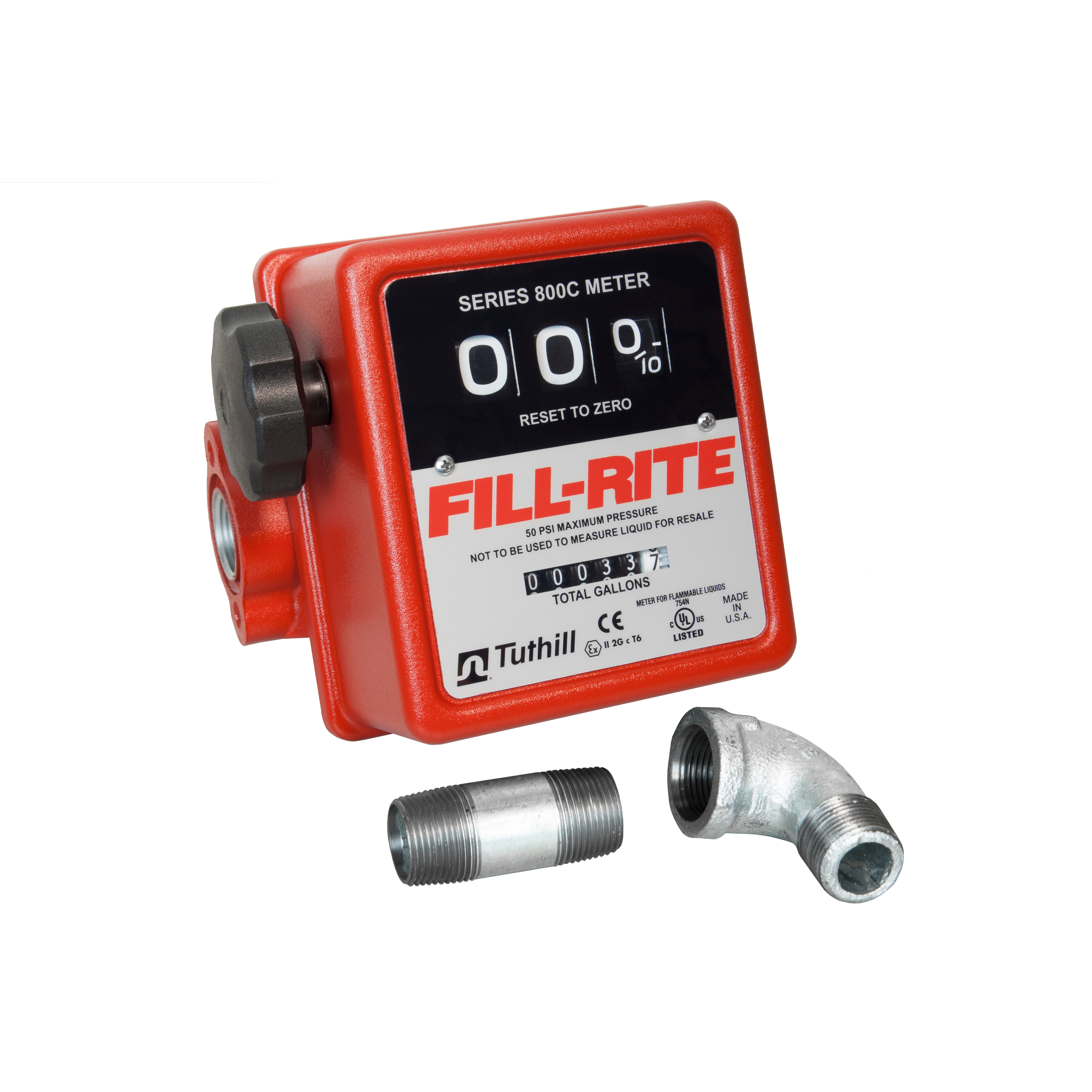 FILL-RITE® 807CMK Mechanical Flowmeter, 3/4 in Connection, +/-1 % Accuracy, Cast Iron Body, -40 to 140 deg F